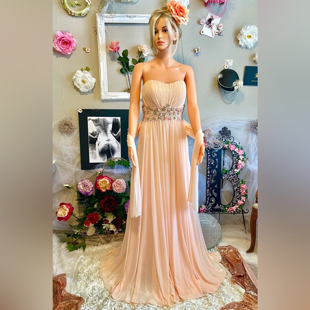Jovani Peach Chiffon Strapless Formal Long Dress Beaded Waistband w/Shawl